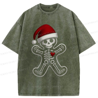 Tokyo-Tiger Funny Christmas Skull Gingerbread Man Washed T-Shirt