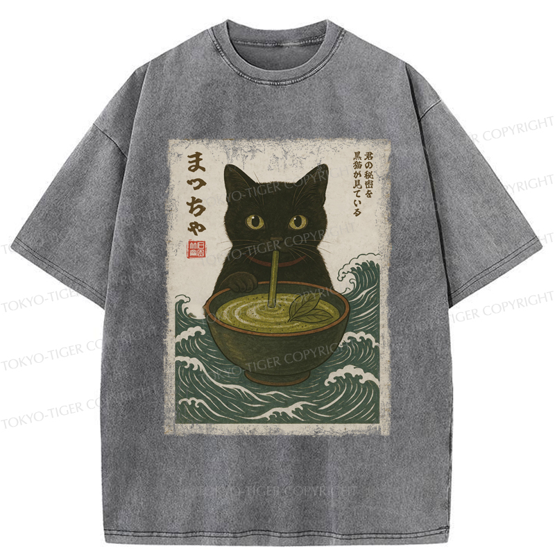 Tokyo-Tiger Black Cat and Matcha with Waves Washed T-Shirt