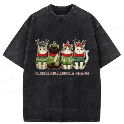 Tokyo-Tiger Overstimulated But Festive Cat Christmas Washed T-Shirt
