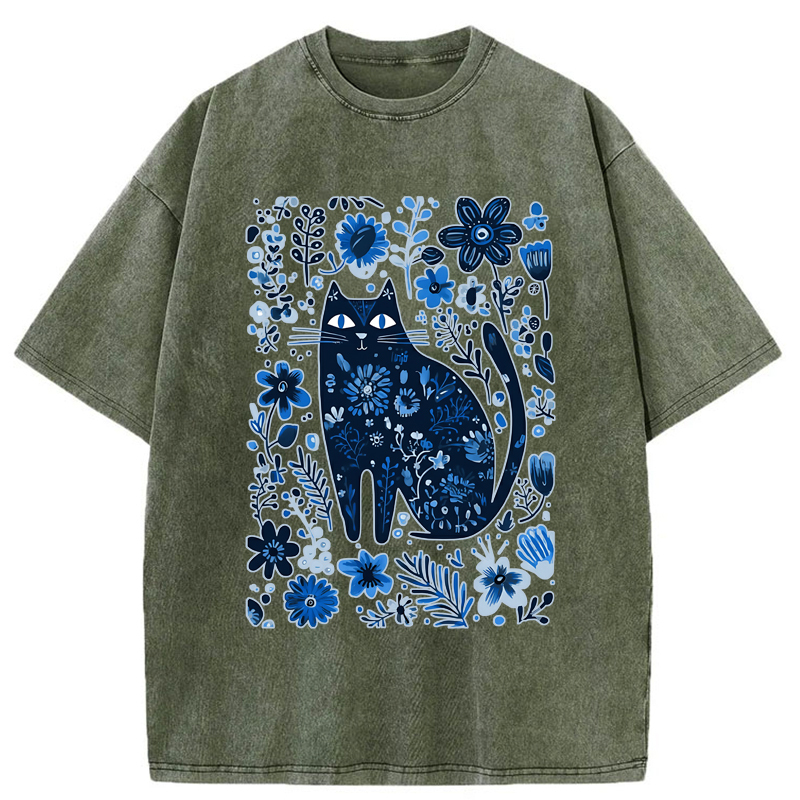 Tokyo-Tiger A Cat Among Flowers Washed T-Shirt