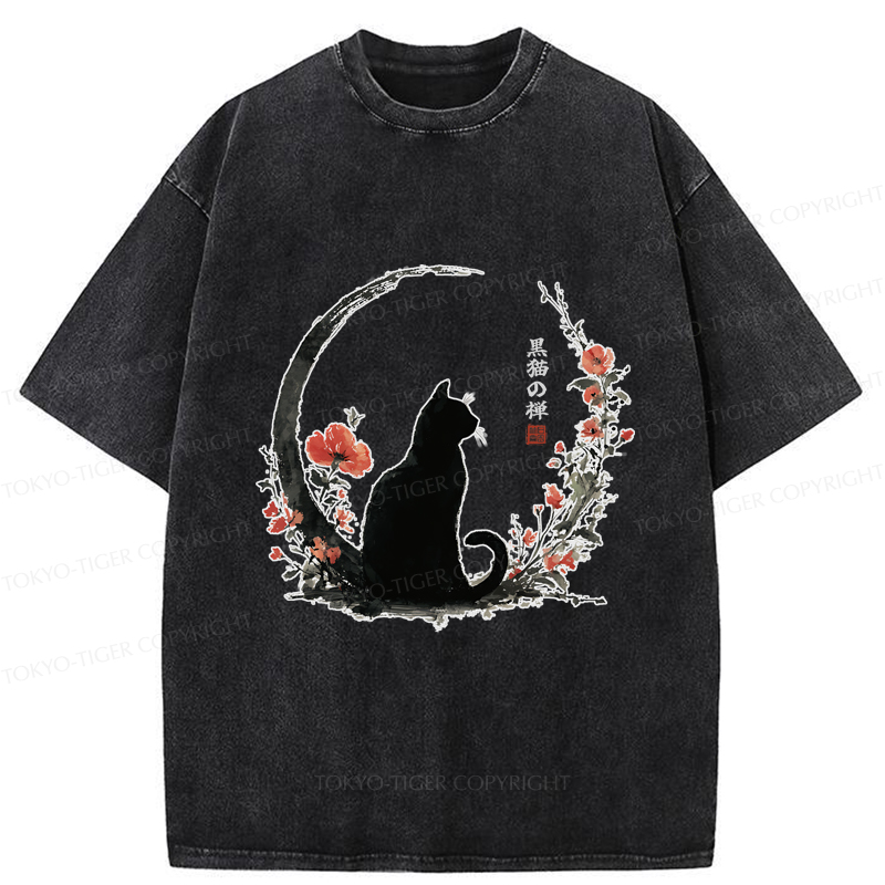Tokyo-Tiger Black Cat And Flowers Washed T-Shirt