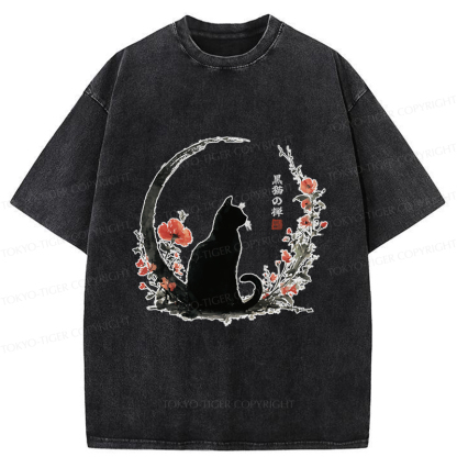 Tokyo-Tiger Black Cat And Flowers Washed T-Shirt
