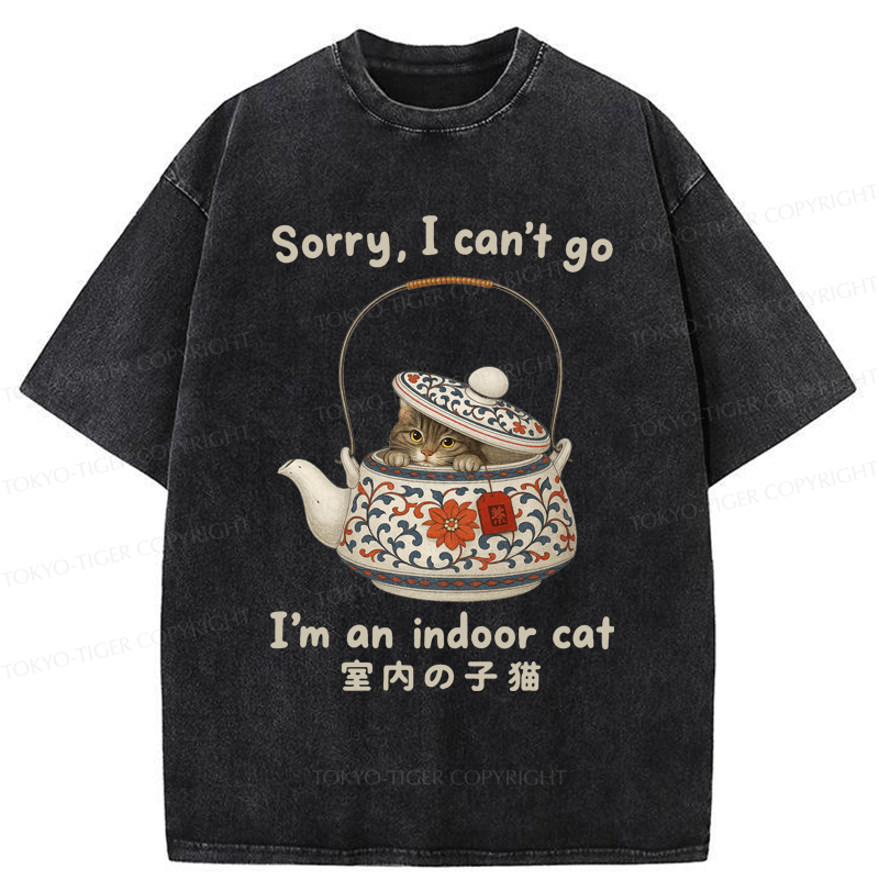 Tokyo-Tiger Cat Hiding In The Tea Set Washed T-Shirt