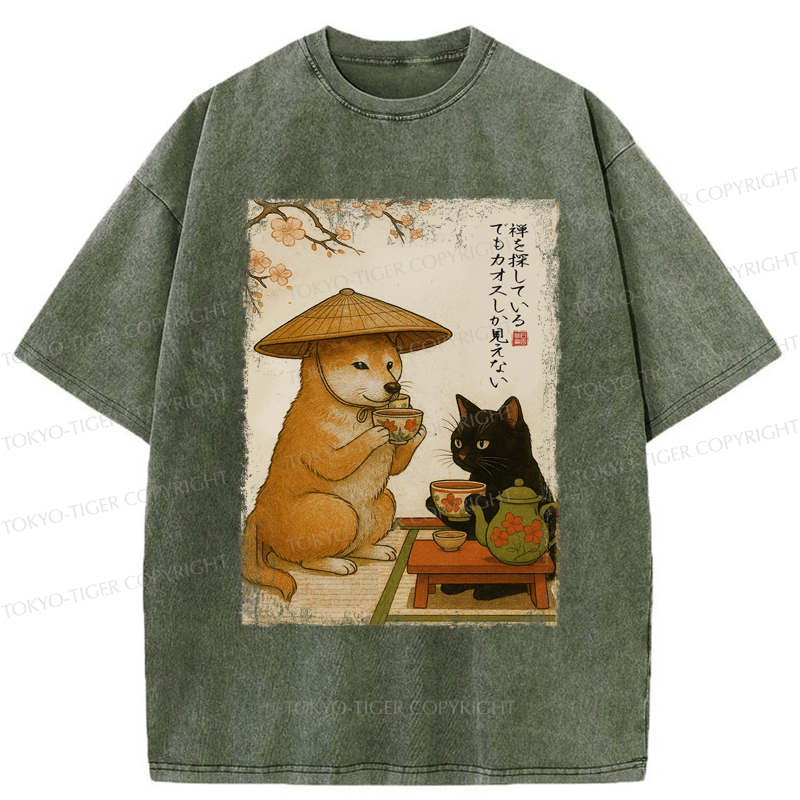 Tokyo-Tiger Tea Time with Shiba Inu and Black Cat Washed T-Shirt