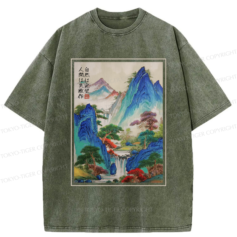 Tokyo-Tiger Japanese Mountain And River Attractions Washed T-Shirt