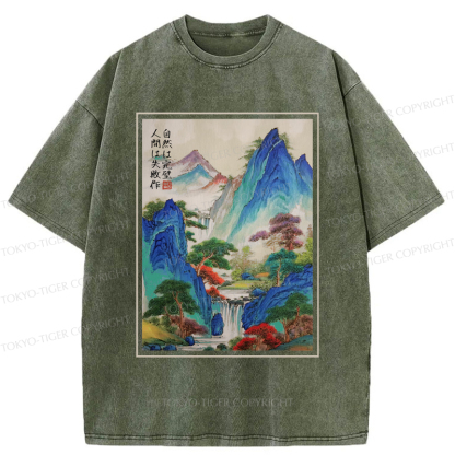 Tokyo-Tiger Japanese Mountain And River Attractions Washed T-Shirt
