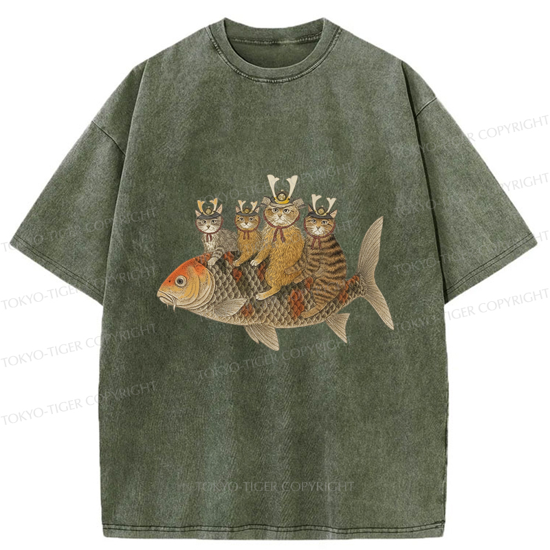 Tokyo-Tiger Funny Samurai Cat Riding a Fish Washed T-Shirt