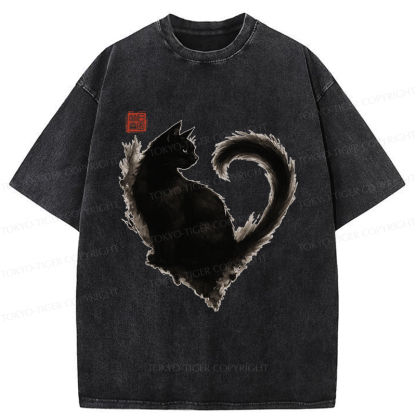Tokyo-Tiger Funny Heart-Shaped Ink Cat  Washed T-Shirt