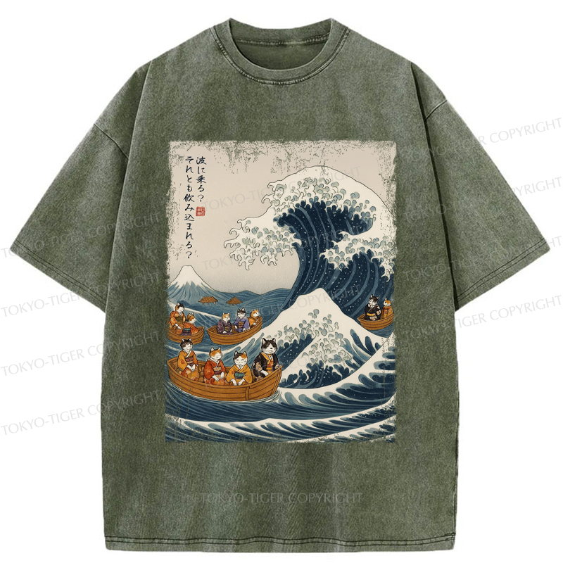 Tokyo-Tiger Japanese Cat Surfing Ukiyo-e Washed T-Shirt