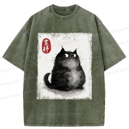 Tokyo-Tiger Auspicious Fluffy Black Cat Ink Painting Washed T-Shirt