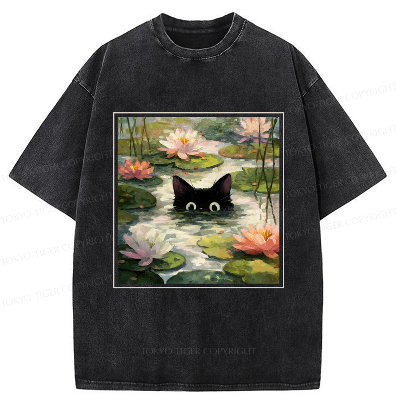 Tokyo-Tiger Black Cat and Lotus Flower Washed T-Shirt