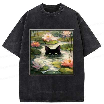 Tokyo-Tiger Black Cat and Lotus Flower Washed T-Shirt