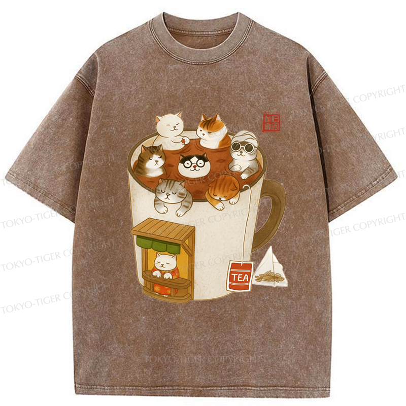 Tokyo-Tiger Funny Cat Brewing Tea Washed T-Shirt