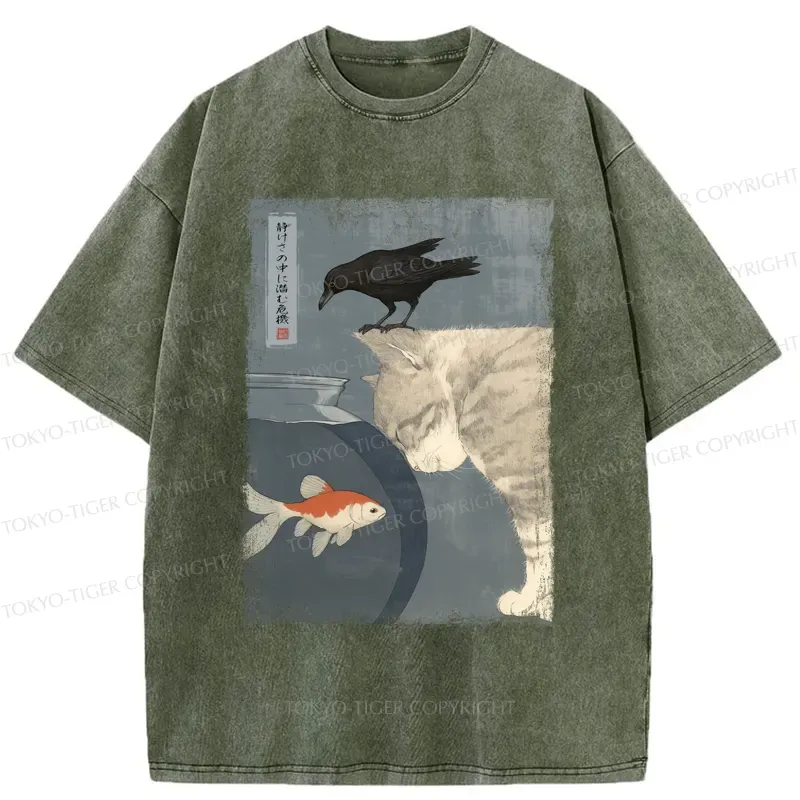 Tokyo-Tiger Crow And Cat Watching Fish T-Shirt