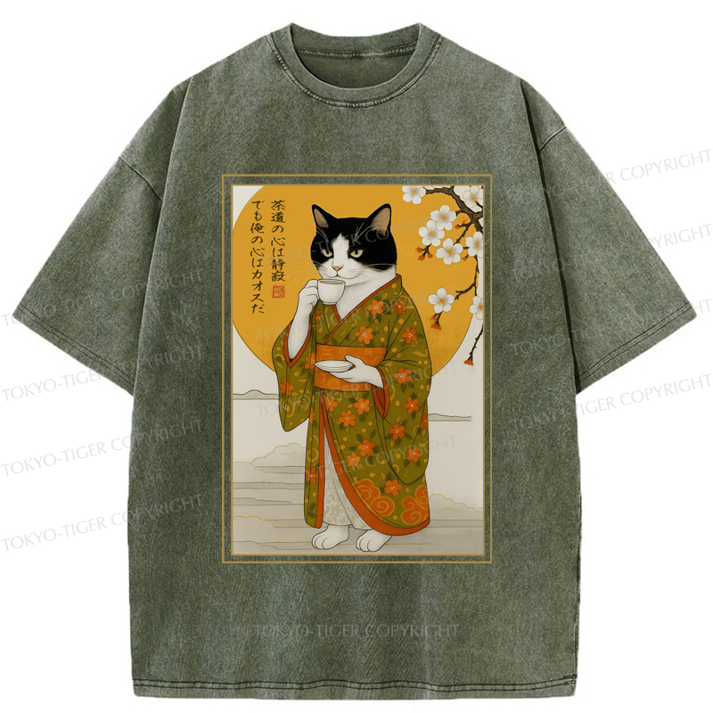 Tokyo-Tiger Cat Serene Tea Chaotic Soul Washed T-Shirt