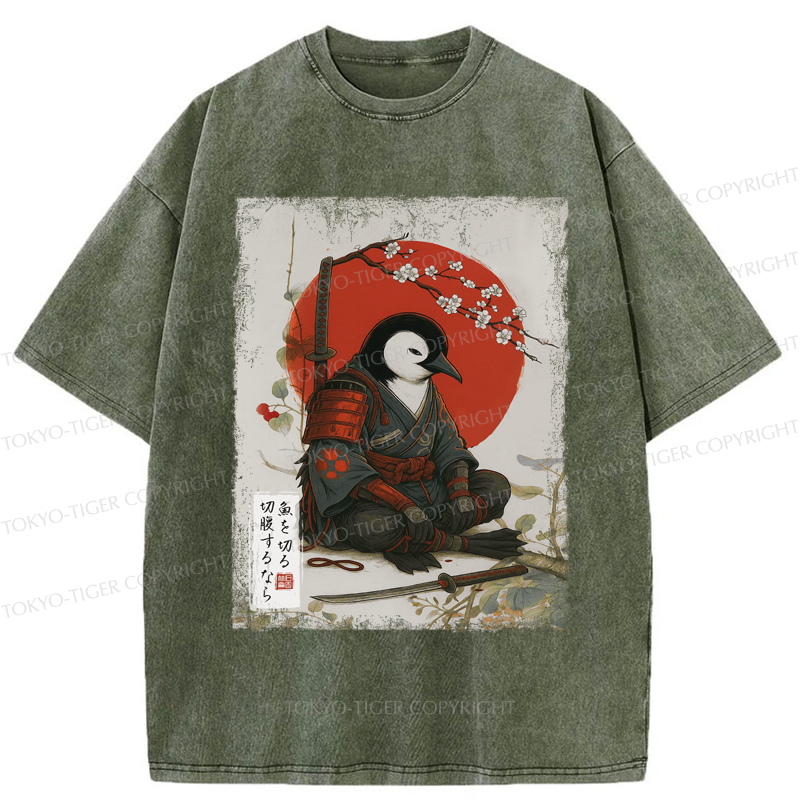 Tokyo-Tiger Japanese The Samurai Penguin Washed T-Shirt
