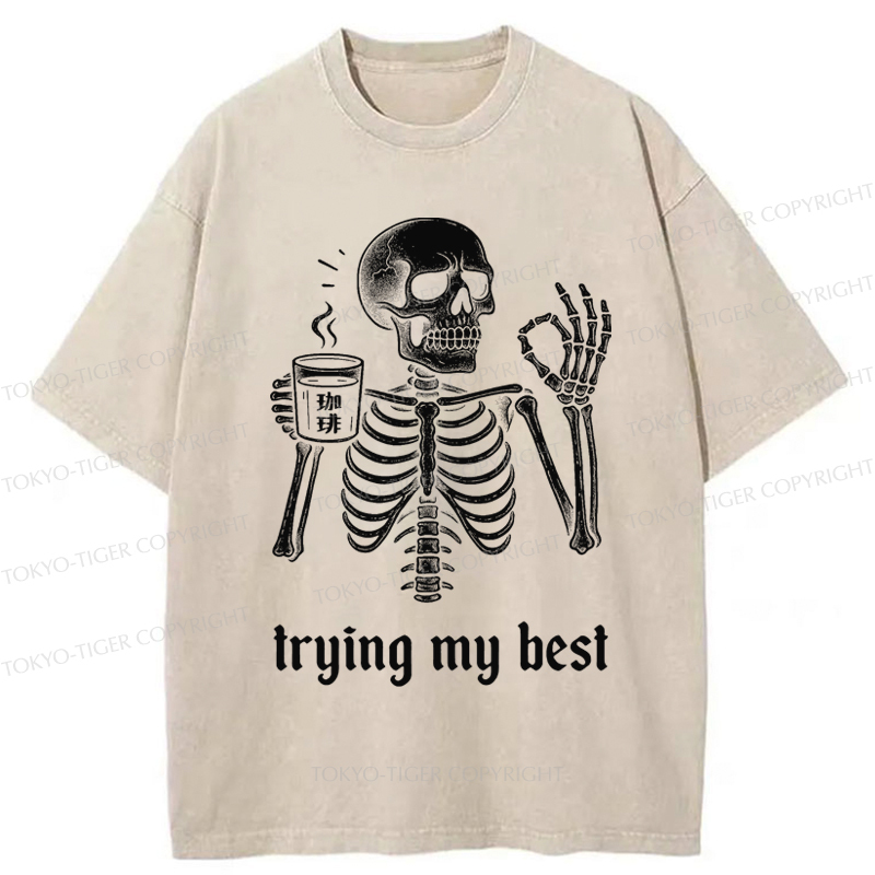 Tokyo-Tiger Skull Trying His Best  Washed T-Shirt