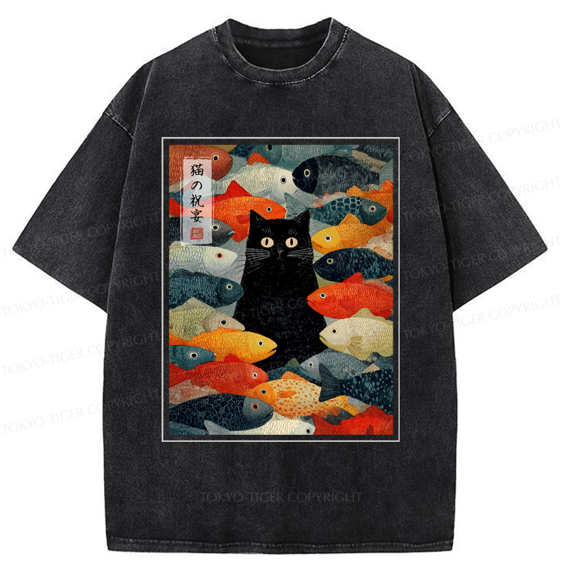 Tokyo-Tiger The Cat's Feast of Fish Washed T-Shirt