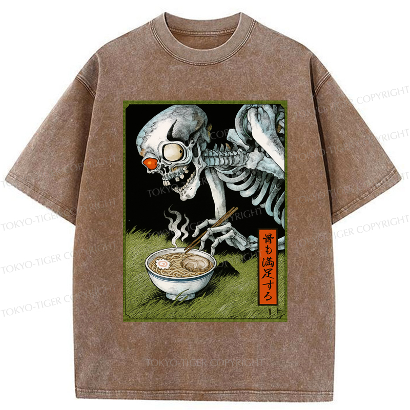 Tokyo-Tiger Ukiyo-e Skeleton Eating Ramen Washed T-Shirt