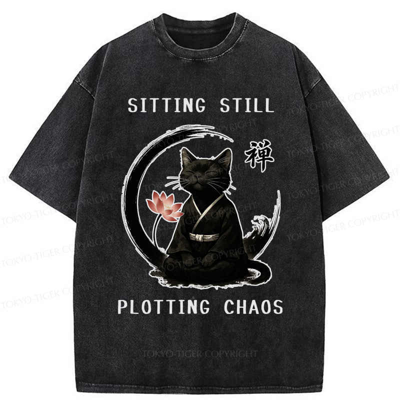 Tokyo-Tiger Sitting still  plotting chaos Calming Zen Cat Funny Washed T-Shirt