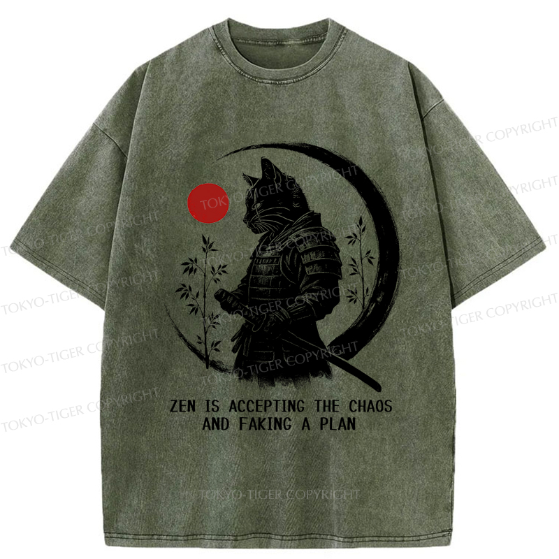 Tokyo-Tiger Zen Cat: Warrior of Serenity Washed T-Shirt