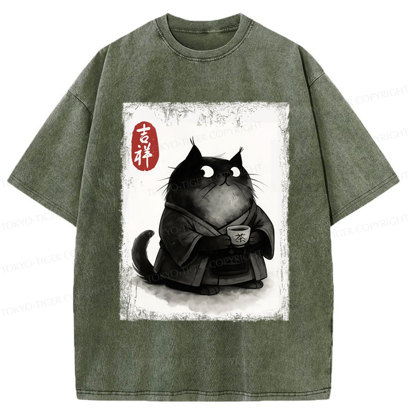 Tokyo-Tiger The Black Cat’s Tea Ritual Zen Ink Painting Washed T-Shirt