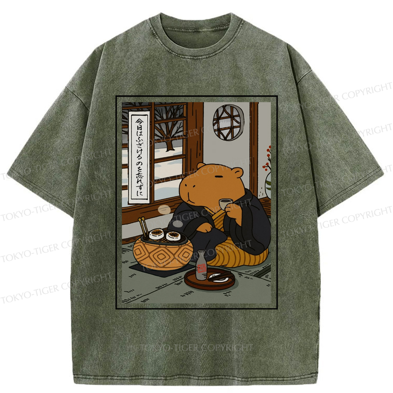 Tokyo-Tiger The Silly Capybara is Drinking Tea Zen Washed T-Shirt