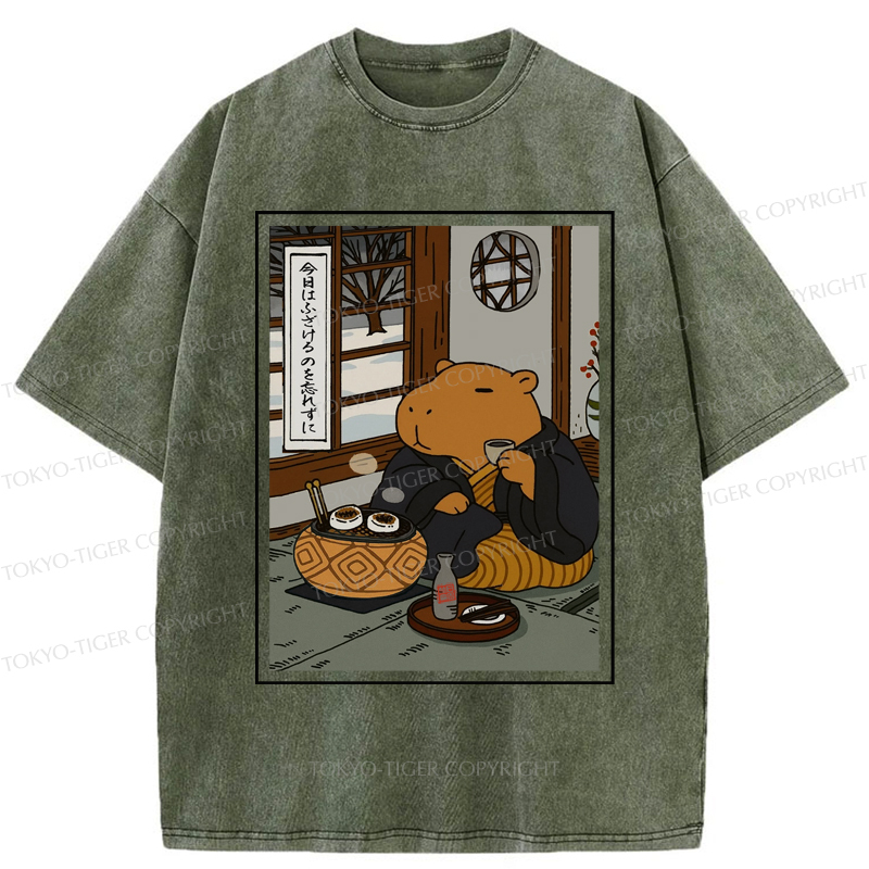 Tokyo-Tiger The Silly Capybara is Drinking Tea Zen Washed T-Shirt