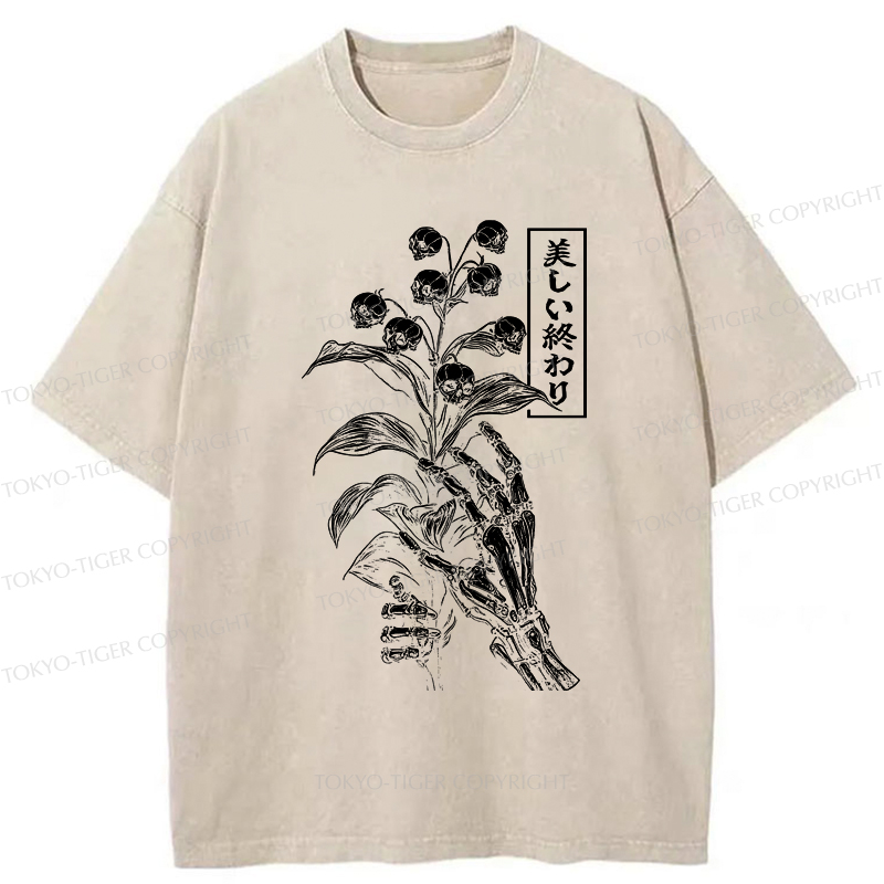 Tokyo-Tiger Funny Halloween Skull Flower Washed T-Shirt