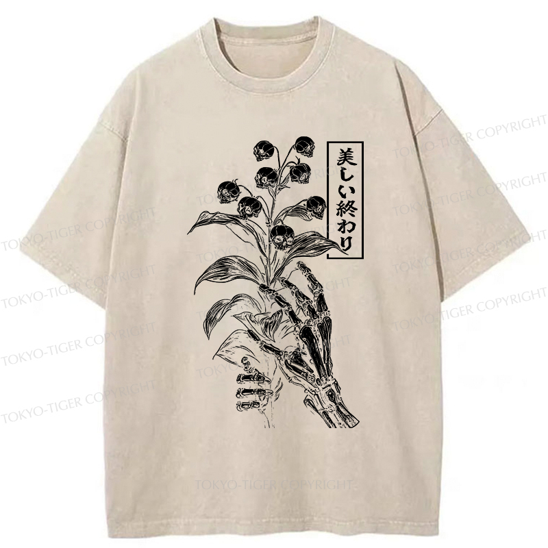 Tokyo-Tiger Funny Halloween Skull Flower Washed T-Shirt