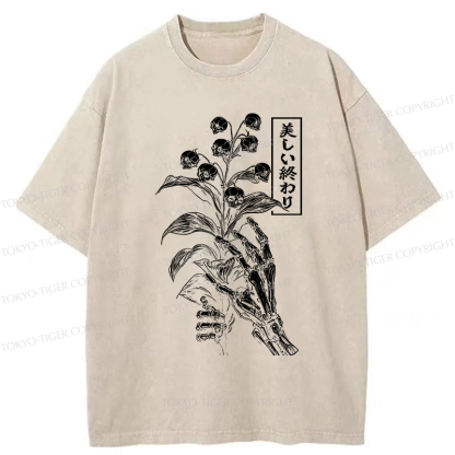 Tokyo-Tiger Funny Halloween Skull Flower Washed T-Shirt