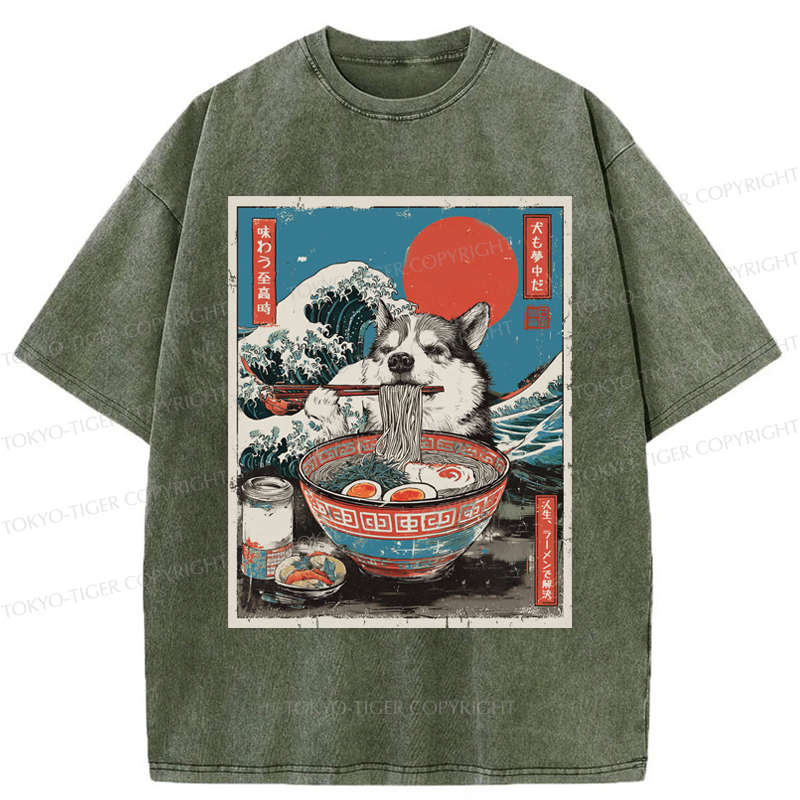 Tokyo-Tiger Ukiyo-e Style: A Funny Dog Eating Ramen Washed T-Shirt