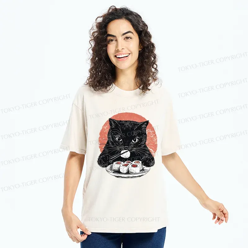 Tokyo-Tiger Cat Eating Delicious Sushi Washed T-Shirt