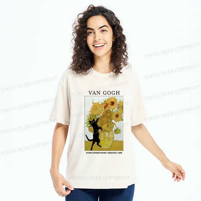 Tokyo-Tiger Cat Plays With Sunflowers Washed T-Shirt