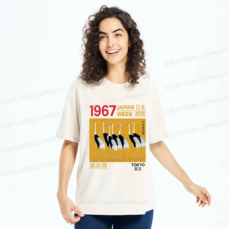 Tokyo-Tiger Japanese Crane Art Washed T-Shirt