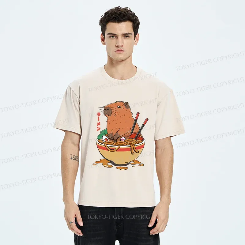 Tokyo-Tiger Capybara Ramen Funny Washed T-Shirt