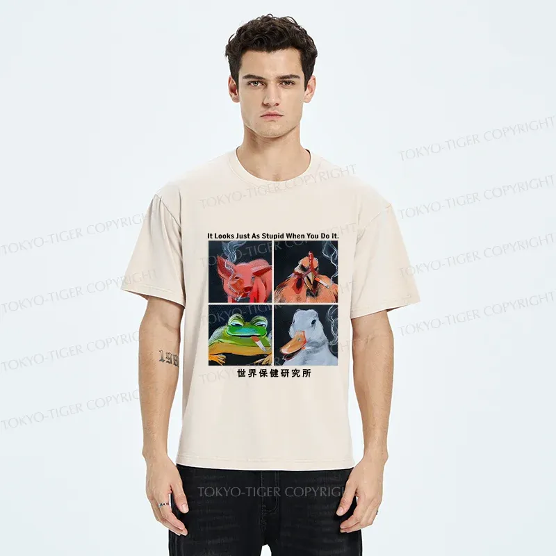 Tokyo-Tiger Smoking Animals Funny Washed T-Shirt