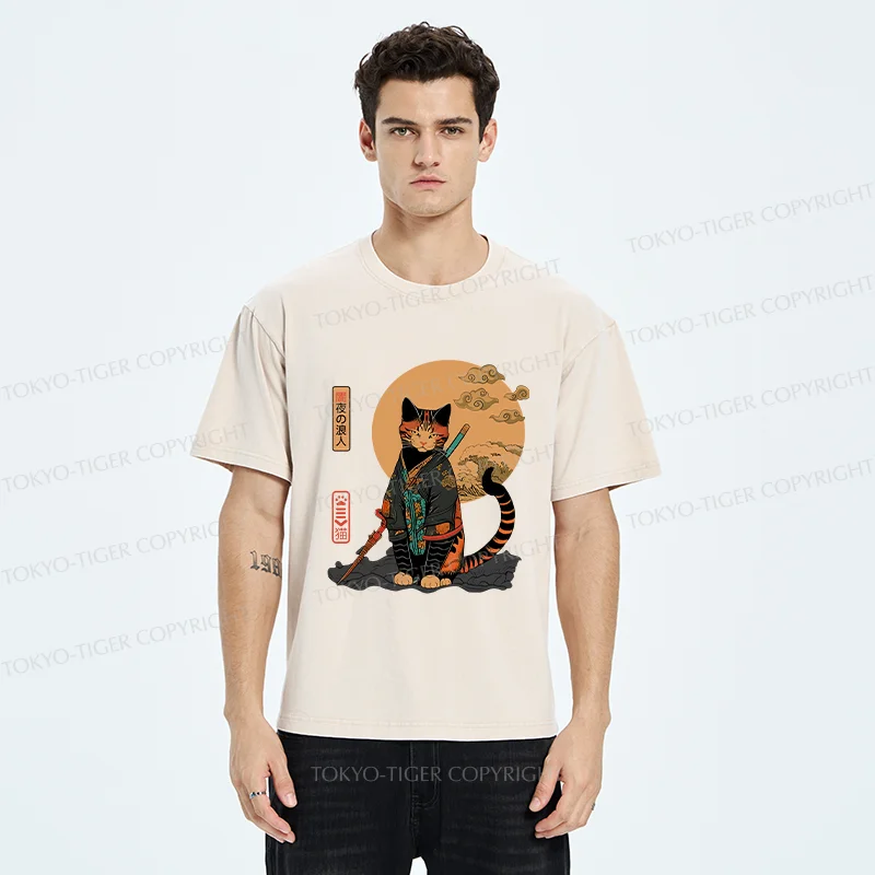 Tokyo-Tiger Retro Cat Samurai Washed T-Shirt