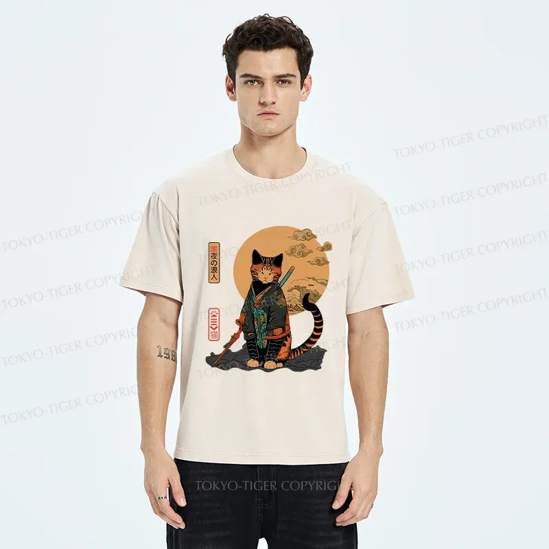 Tokyo-Tiger Retro Cat Samurai Washed T-Shirt