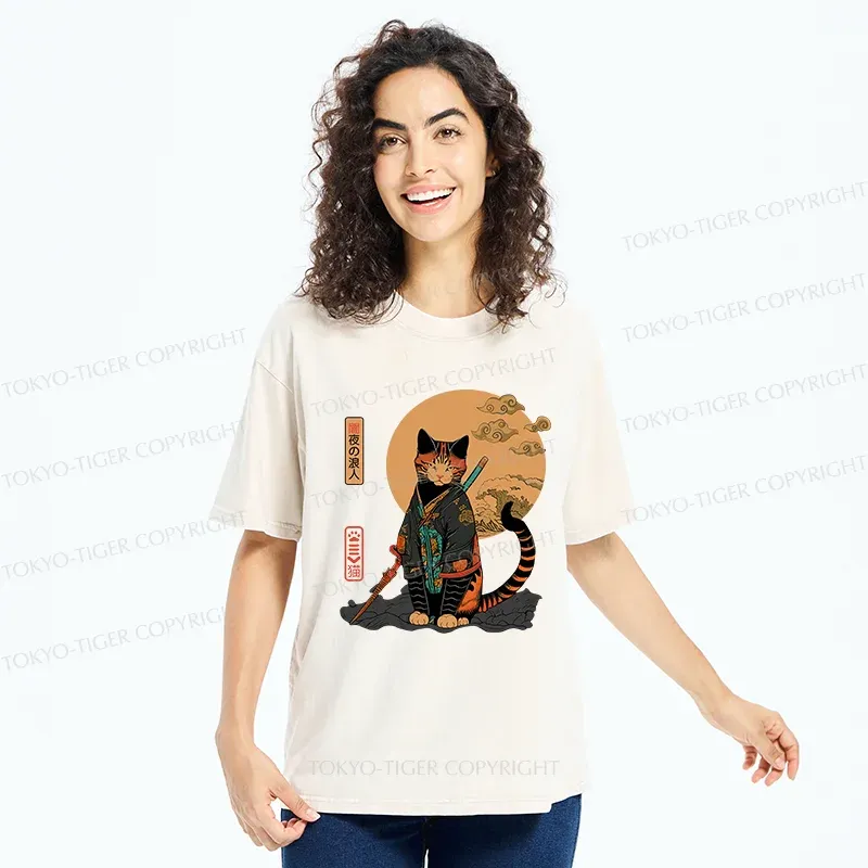 Tokyo-Tiger Retro Cat Samurai Washed T-Shirt