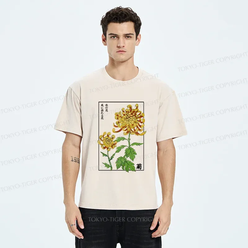 Tokyo-Tiger Retro Chrysanthemum Washed T-Shirt