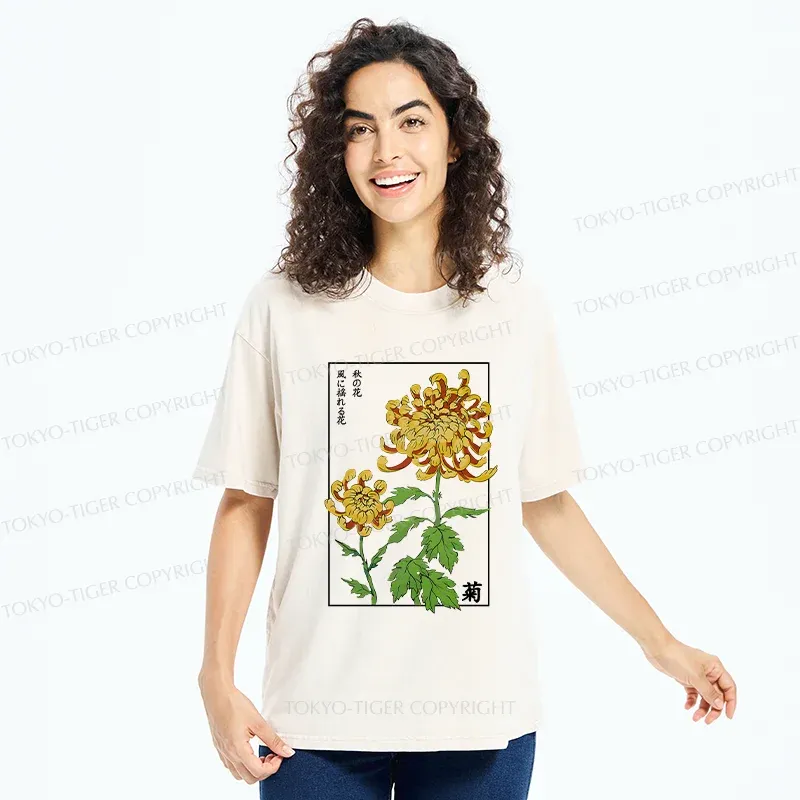 Tokyo-Tiger Retro Chrysanthemum Washed T-Shirt