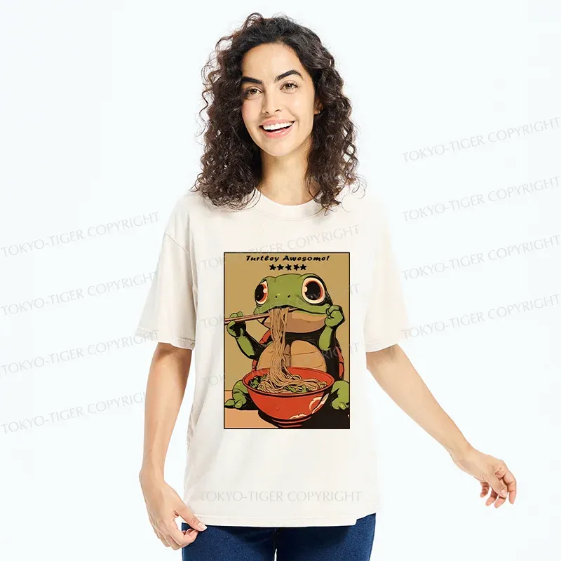 Tokyo-Tiger Turtle Eating Ramen Washed T-Shirt