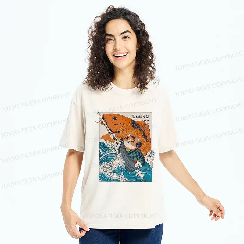 Tokyo-Tiger Samurai Cat And Goldfish Washed T-Shirt
