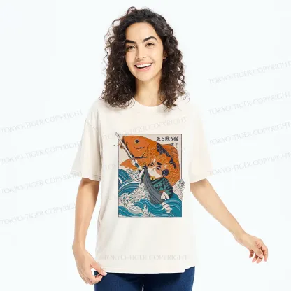 Tokyo-Tiger Samurai Cat And Goldfish Washed T-Shirt