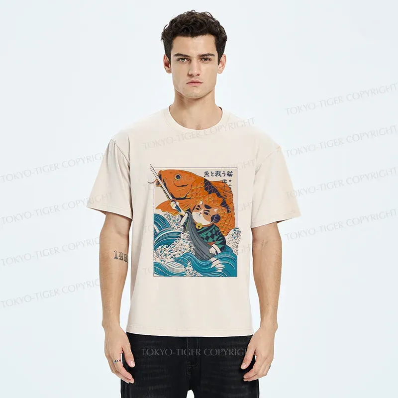 Tokyo-Tiger Samurai Cat And Goldfish Washed T-Shirt