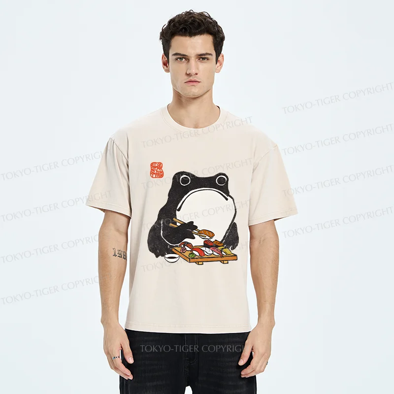 Tokyo-Tiger Frog Eating Sushi Washed T-Shirt