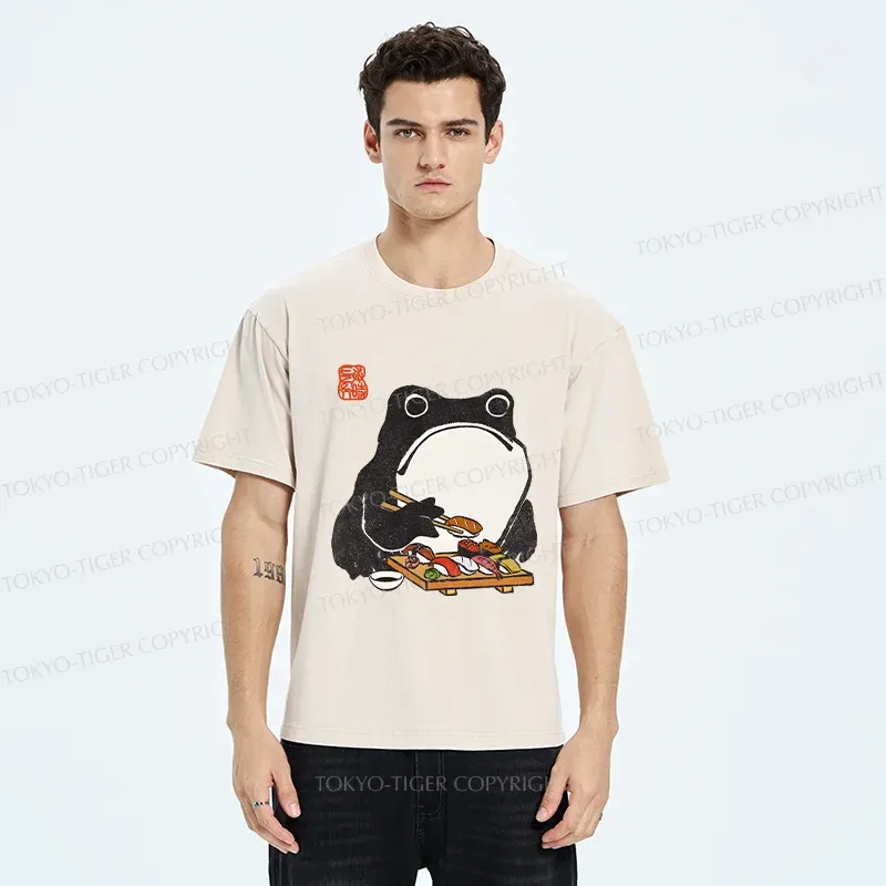 Tokyo-Tiger Frog Eating Sushi Washed T-Shirt