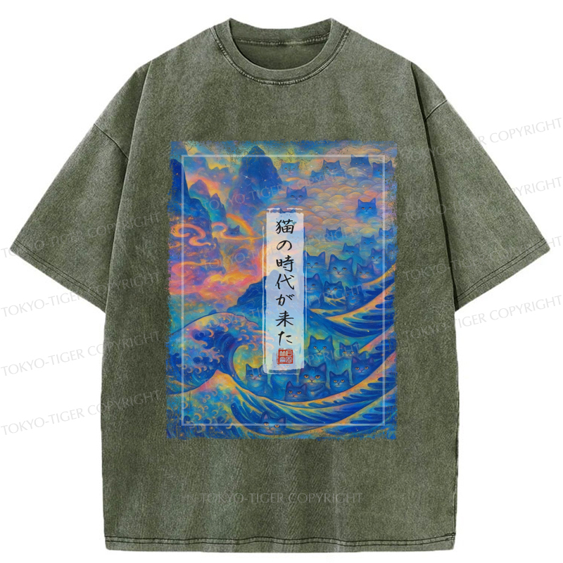 Tokyo-Tiger Riding the Feline Wave Time  Washed  T-Shirt