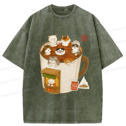 Tokyo-Tiger Funny Cat Brewing Tea Washed T-Shirt